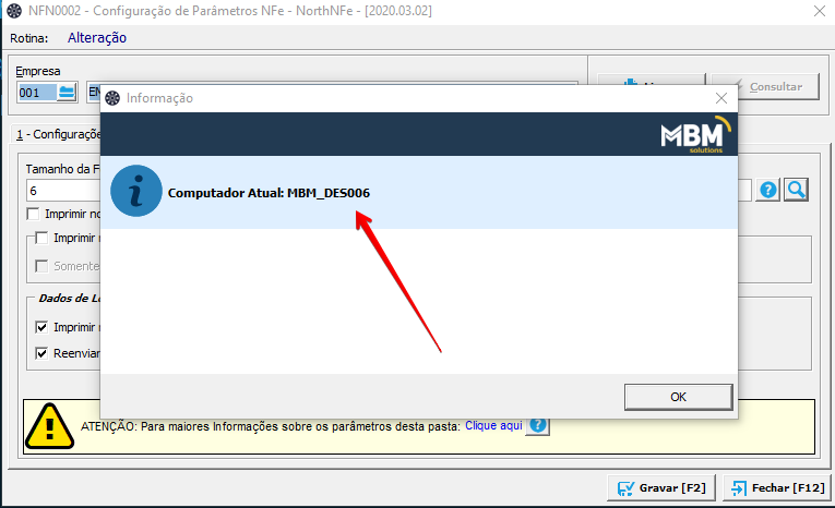 Texto alternativo gerado por máquina:
NFNDD02 - Configuração cle Parâmetros NFe - 
Roma: Alteração 
Empr ese 
Informacio 
I - Configurai 
Tamanho da 
NorthNFe - 
(2020.03.02) 
aqui 
MBM 
51 
(Fim 
Computador Atua': MBM DES006 
r Imprimir 
Dados de 
Imprmir 
desta pas 