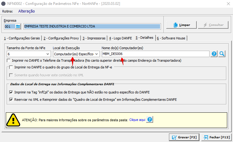 Texto alternativo gerado por máquina:
NFNDD02 - Configuração cle Parâmetros NFe - 
Roma: Alteração 
Empr ese 
I -Configurações Gerais 2 -Configurações Proxy 
Tamanho da Fonte da NFe 
Local de Execução 
NorthNFe - 
(2020.03.02) 
Limpa r 
6 - Software House 
3 - Impressoras 4 -Logo DANFE 5 -Detalhes 
Nome do(s) Computador (es) 
v Computador (es) Específico 
v Marvi DES006 
r Imprimir no DANFE o Telefone da Tran 
Olo can to superior direi o campo Ender eco da Tr anspu)r tadora) 
Imprmr no D ANFE o quadro do grupH) Local de En tr ege da NF -e 
houver este conteúdo no XML 
Dados de de 
r Imprimir na Tag "lnCpI. os dados de Entrega que NÃO estão no quadro especifico do DANFE 
r Reenviar no XML e Reimprimir dados do Quadro de Local de Entrega. em Informações Complementares DANFE 
ATENÇÃO Para maiores Informações sobre os parâmetros desta pasta Clique aqui 
(Fim 